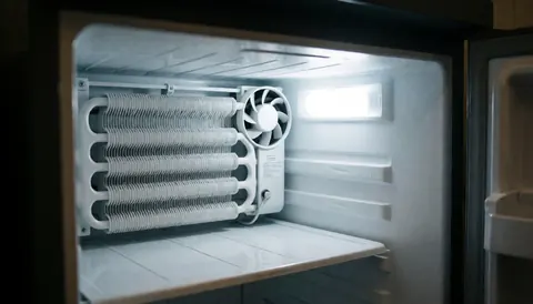 Interior view of a refrigerator showing a clean white evaporator and fan illuminated by cool artificial light, suitable for refrigerator repair text backgrounds.