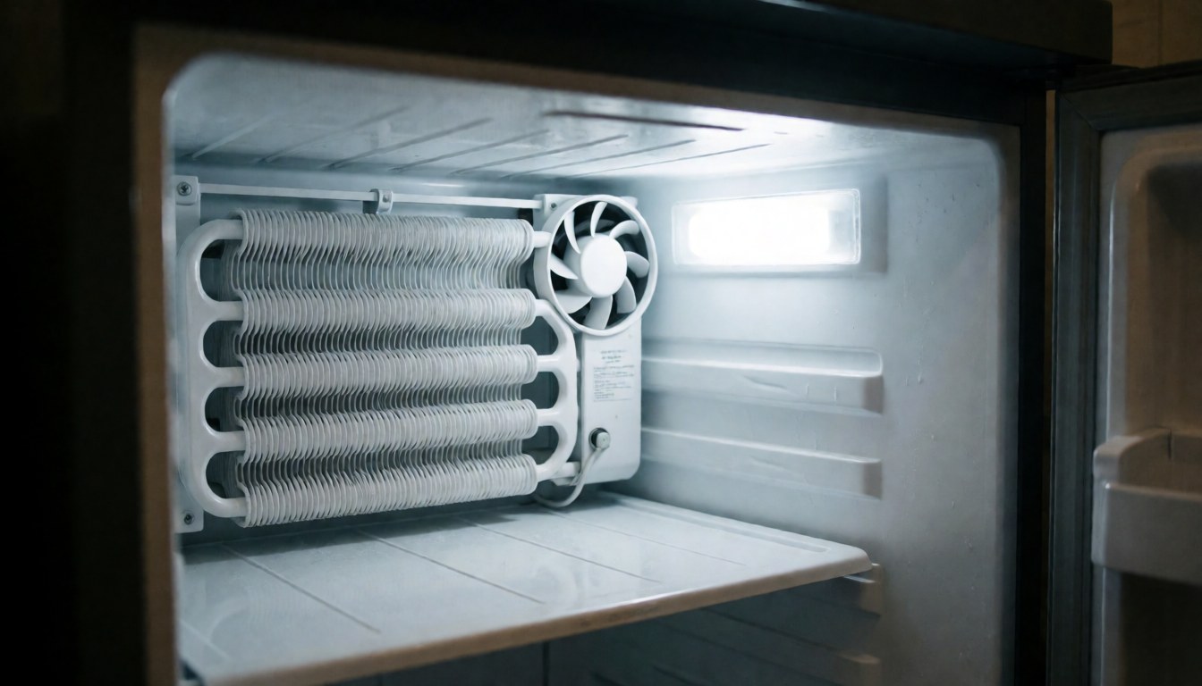 Interior view of a refrigerator showing a clean white evaporator and fan illuminated by cool artificial light, suitable for refrigerator repair text backgrounds.