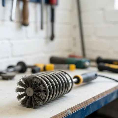 Metal cleaning brush with bristles on a workbench with blurred tools and white brick wall background