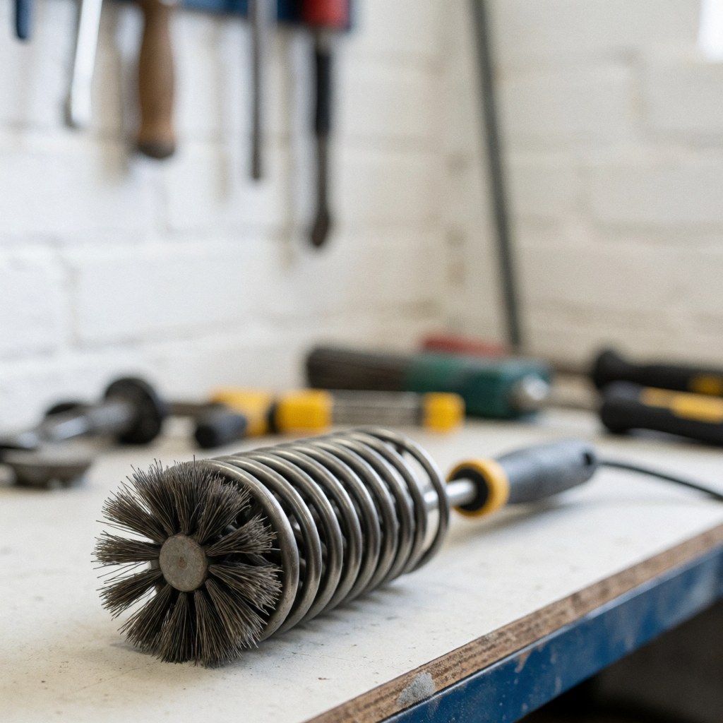 Metal cleaning brush with bristles on a workbench with blurred tools and white brick wall background