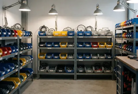 Metal shelving units holding colorful plastic bins and organized tools under industrial lighting in a polished concrete workshop.