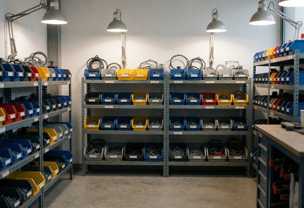 Metal shelving units holding colorful plastic bins and organized tools under industrial lighting in a polished concrete workshop.