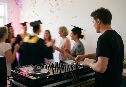 Professional DJ mixing music at a graduation party with people dancing in the background, confetti, and bright lights.