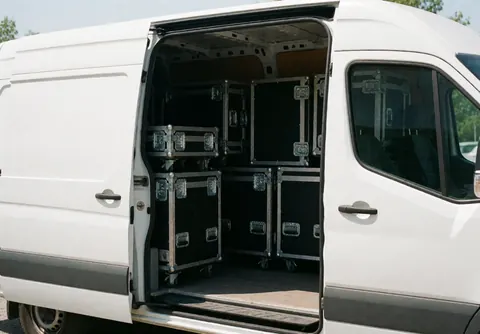 White van with open side door revealing stacked black sound gear cases prepared for professional event transport and logistics