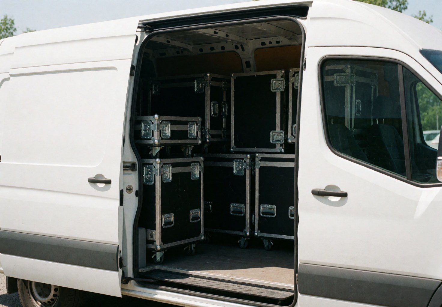 White van with open side door revealing stacked black sound gear cases prepared for professional event transport and logistics