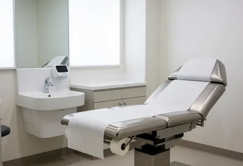 Empty clinical room featuring a treatment bed, sensor sink, mirror, and natural light for dermatological procedures