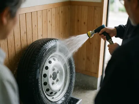 Water sprays onto a black tire and silver rim during a car wash, with a light wooden wall in the background.