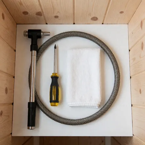 Coil, screwdriver, and white cloth for refrigerator repair arranged on a white surface with wooden panels