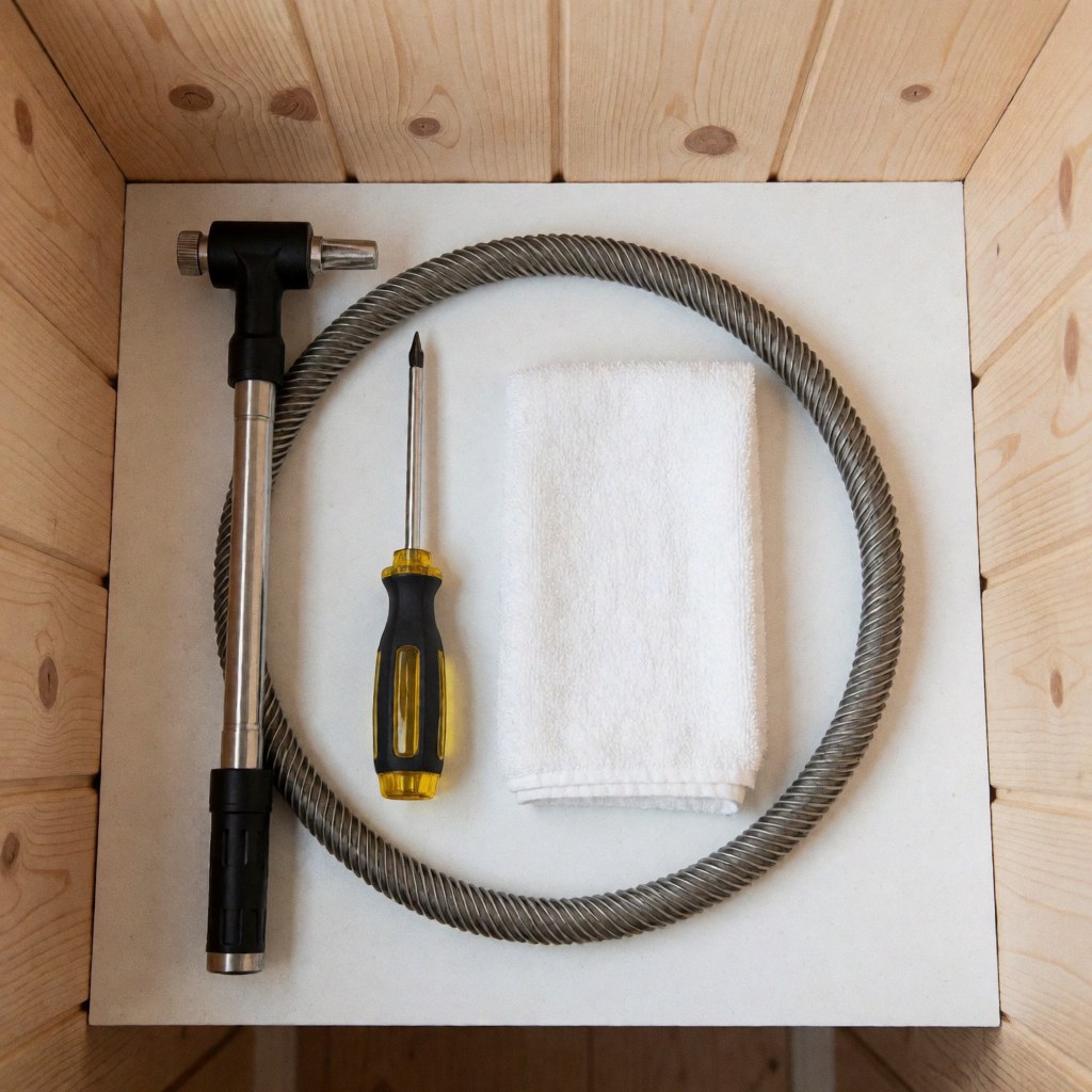 Coil, screwdriver, and white cloth for refrigerator repair arranged on a white surface with wooden panels