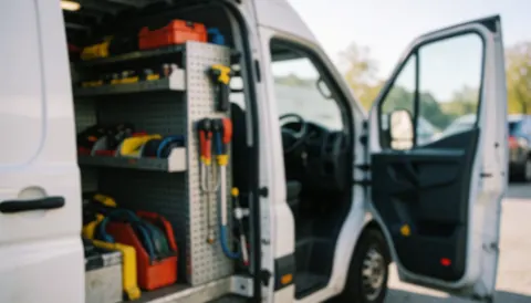 Professional work van interior with organized stove repair tools, natural light, neutral tones, ideal for commercial text backgrounds