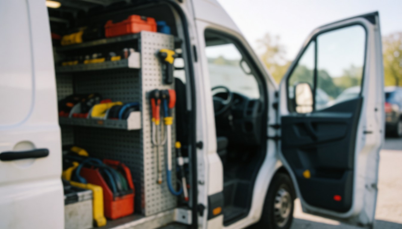 Professional work van interior with organized stove repair tools, natural light, neutral tones, ideal for commercial text backgrounds
