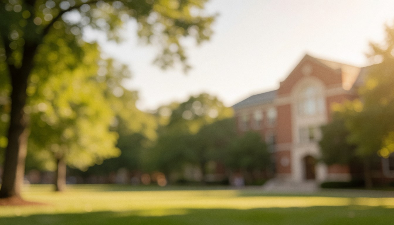 Soft focus university campus background featuring a brick building and green trees under warm light, ideal for graduation text overlays