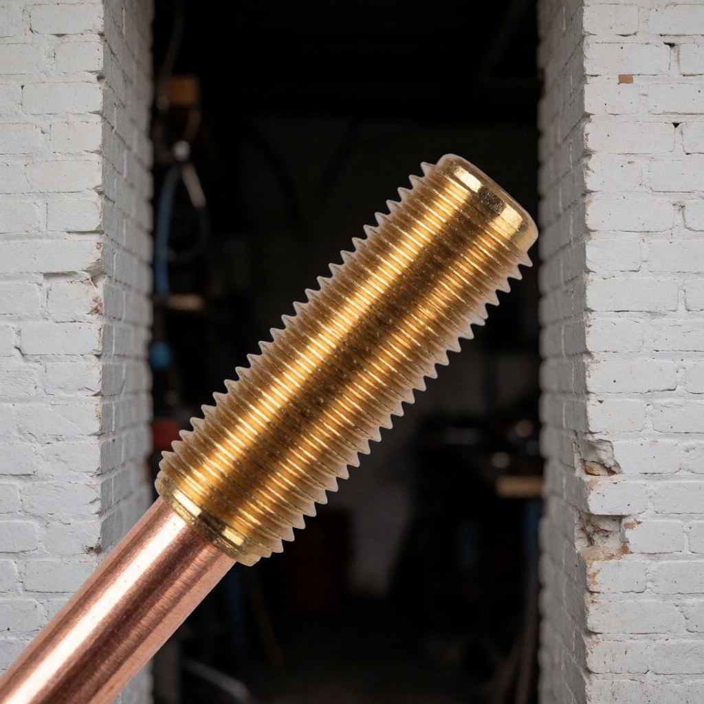 Close-up of a bronze thermocouple sensor with metal wires against a white brick wall in a stove repair shop