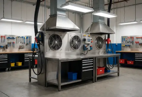 Industrial work area featuring steel benches, air extractors, hanging tools, LED lighting, and concrete floor for stove repair.