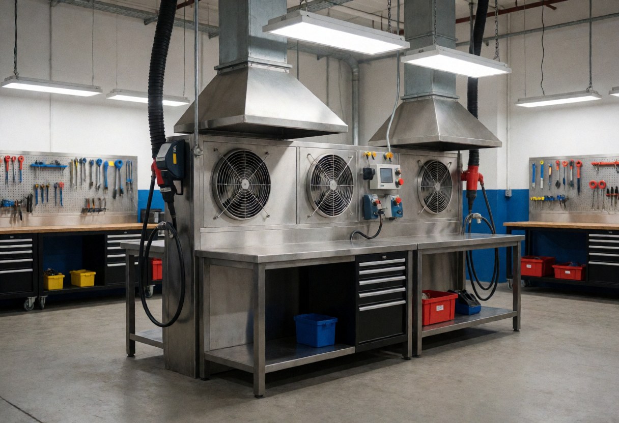 Industrial work area featuring steel benches, air extractors, hanging tools, LED lighting, and concrete floor for stove repair.