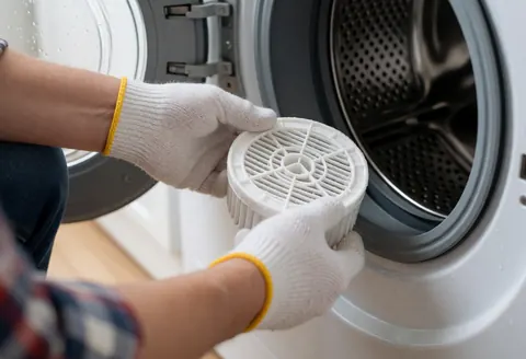 A technician wearing white gloves removes a white drain filter from a washing machine with visible water droplets against a blurred background