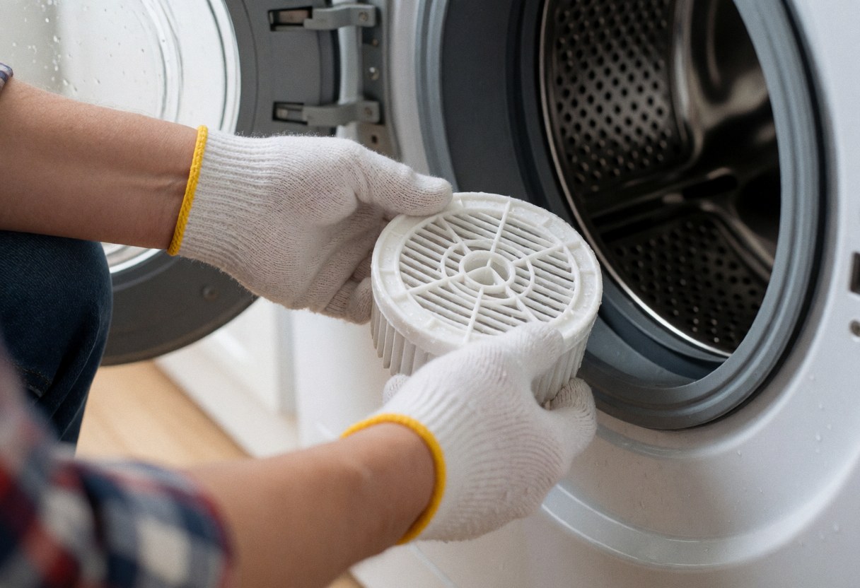 A technician wearing white gloves removes a white drain filter from a washing machine with visible water droplets against a blurred background