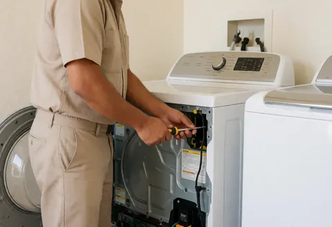 Technician in uniform repairing an open washing machine with a screwdriver, light walls, visible tools, realistic service scene