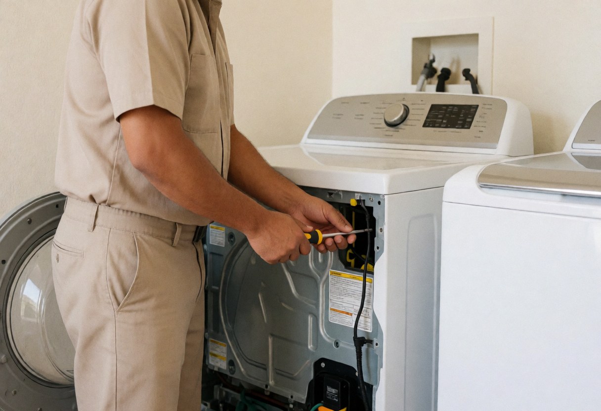 Technician in uniform repairing an open washing machine with a screwdriver, light walls, visible tools, realistic service scene
