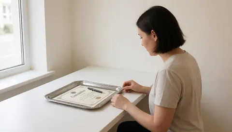 Young woman holding a diploma on a silver tray at a white table near a window with a blurred background and text space