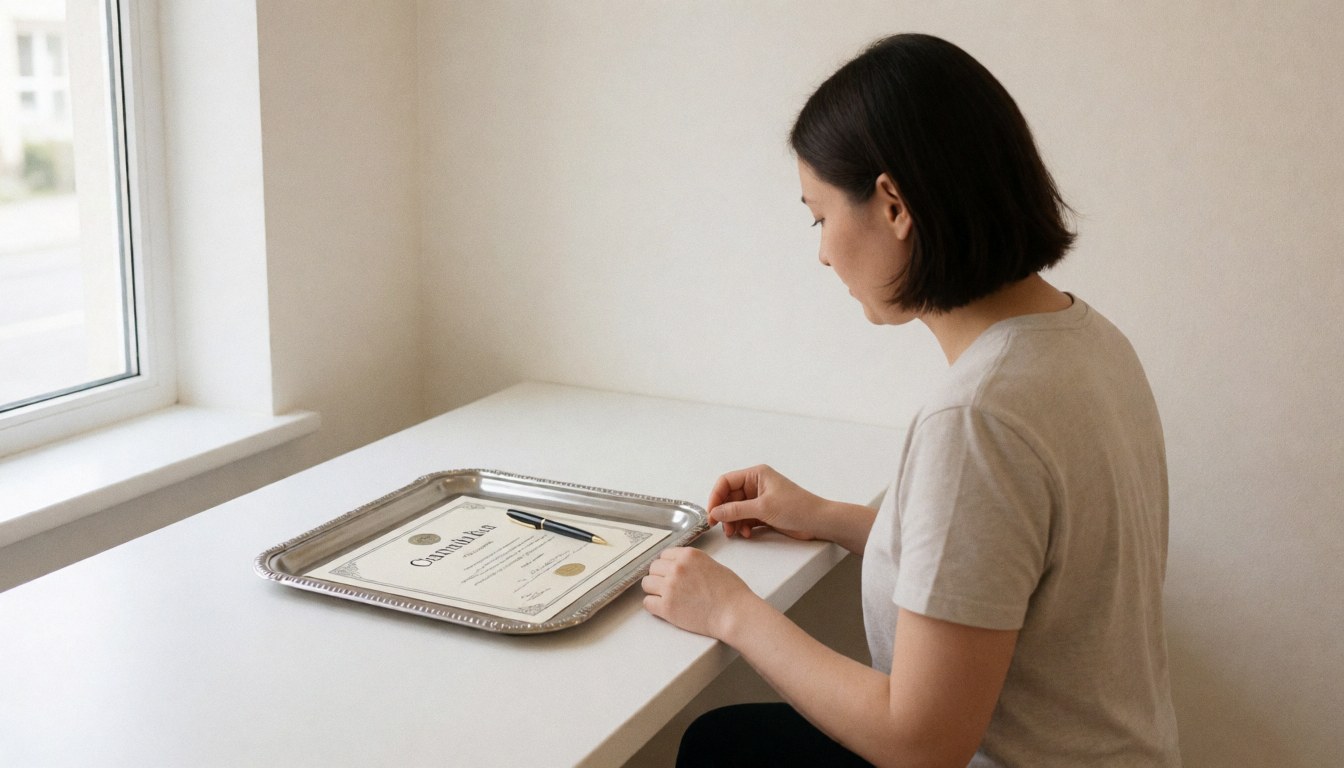 Young woman holding a diploma on a silver tray at a white table near a window with a blurred background and text space
