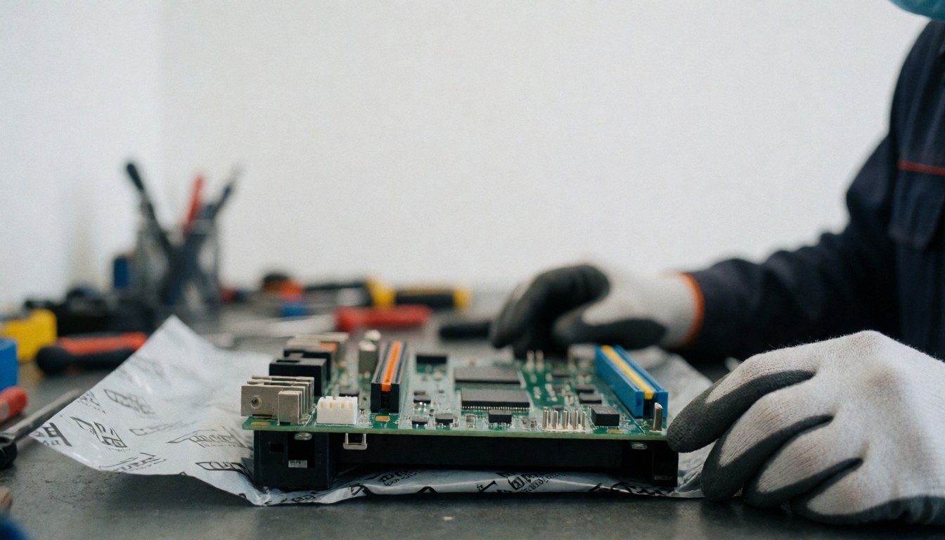 Technician wearing gloves repairing a washing machine control board on a workbench in a workshop with blurred tools in the background
