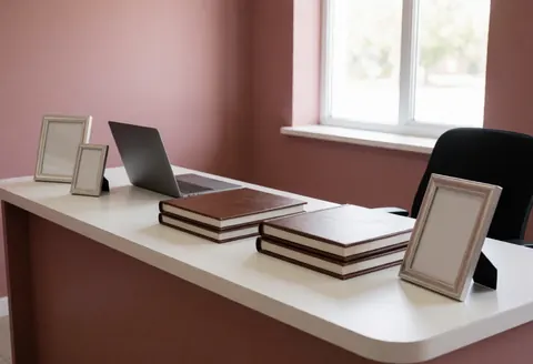 White desk with graduation albums, frames, and laptop against pink walls with natural light ready for delivery