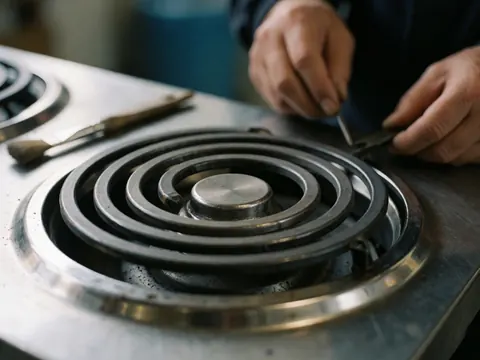 Technician hands using small tools to repair a greasy electric stove on a shiny metal surface