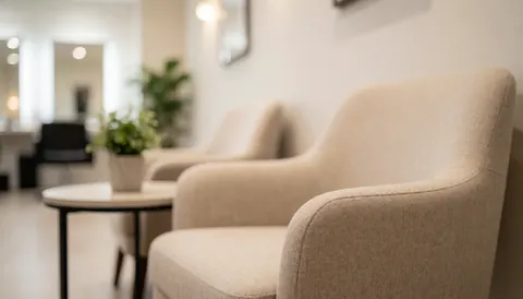 Textured beige chair in a waiting room with a round table and green plant, blurred background with warm light and mirrors