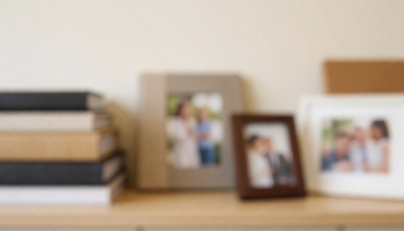 Soft blurred background with photo albums and frames on a shelf, ideal for graduation photography business text overlays