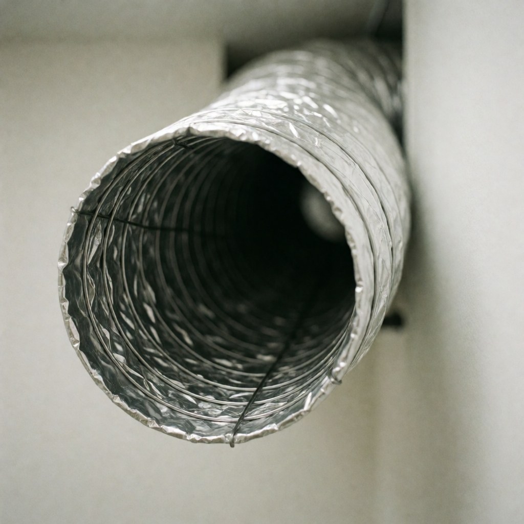 Close-up of a flexible HVAC air duct with exposed wire reinforcement, mounted on a white wall for heating repair work
