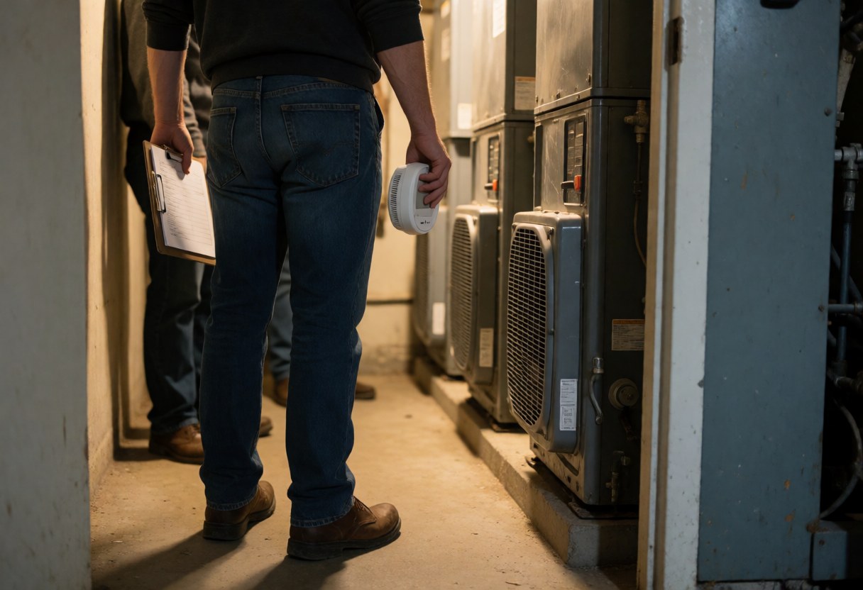Heating repair technician checking heaters in a utility room while holding a carbon monoxide detector and a clipboard with warm lighting and shadows on the concrete floor