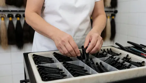 Stylist in white apron arranging black hair clips in a divided tray on a salon station with blurred hair extensions in background