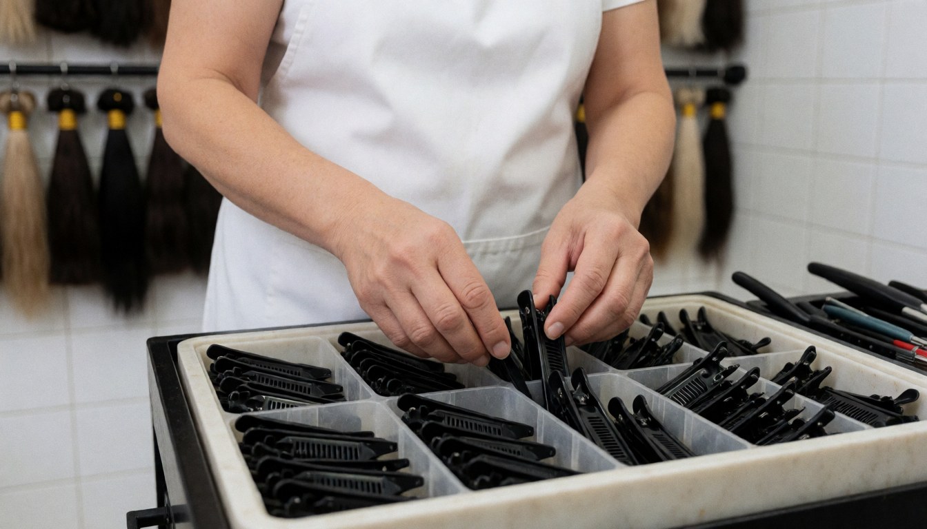 Stylist in white apron arranging black hair clips in a divided tray on a salon station with blurred hair extensions in background