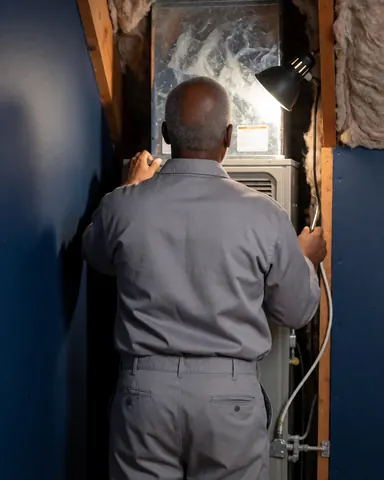 HVAC technician checking an air conditioning unit on a roof, wearing work light and fiberglass insulation gear.