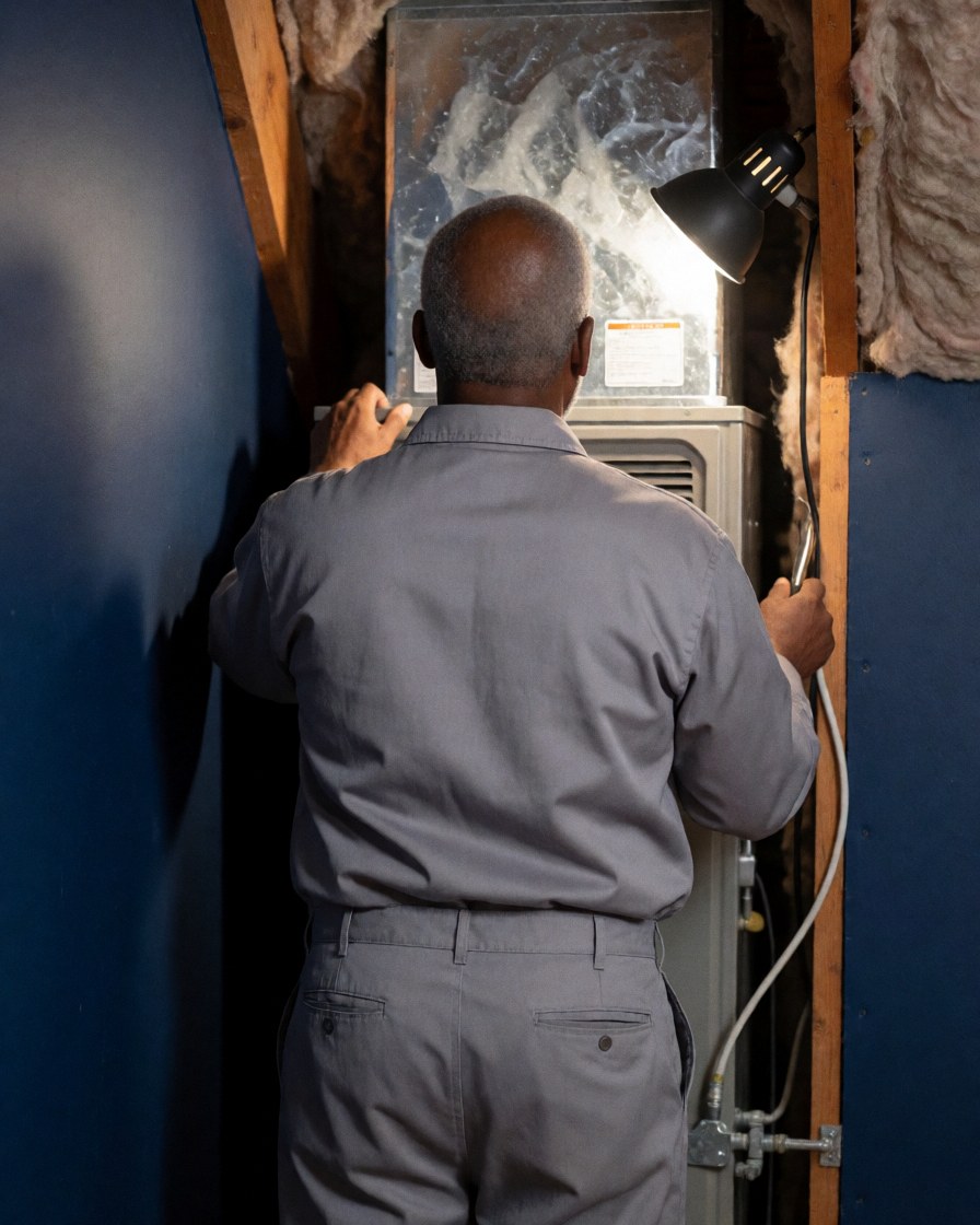HVAC technician checking an air conditioning unit on a roof, wearing work light and fiberglass insulation gear.