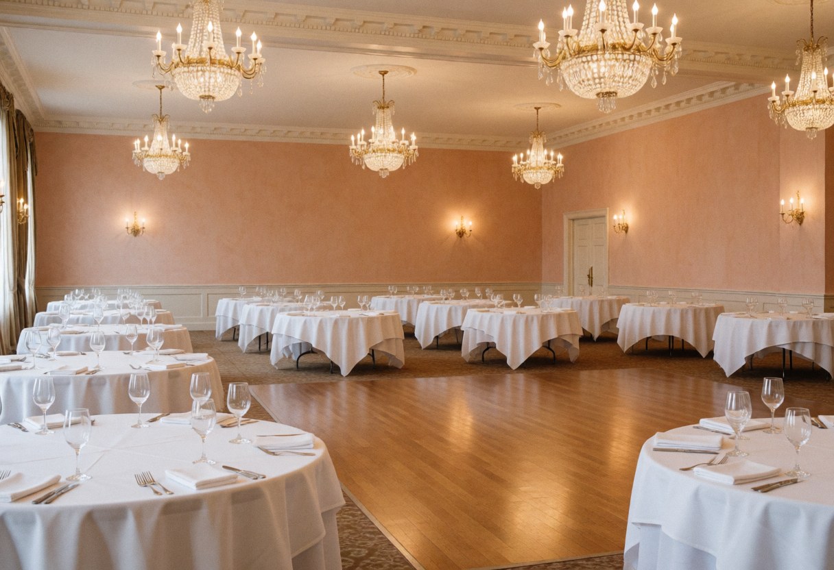 Spacious elegant event room featuring round tables with white linens, crystal chandeliers, and polished wood floors ready for a celebration.