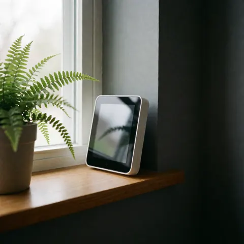 Black smart thermostat with off screen next to potted plant on wooden window sill against gray wall
