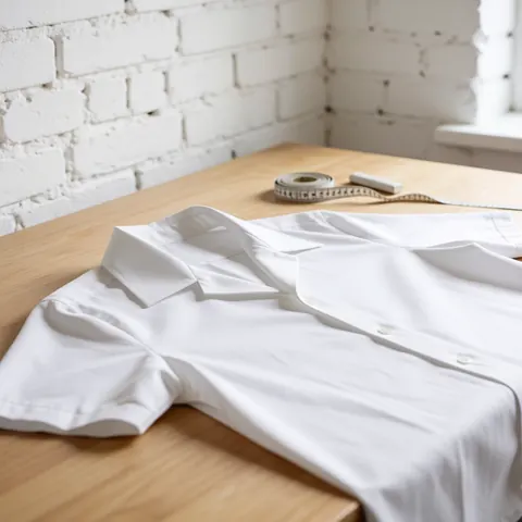 A crisp white shirt laid flat on a wooden surface next to a measuring tape, set against a white brick wall with natural lighting.