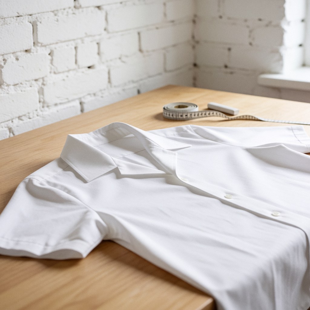 A crisp white shirt laid flat on a wooden surface next to a measuring tape, set against a white brick wall with natural lighting.