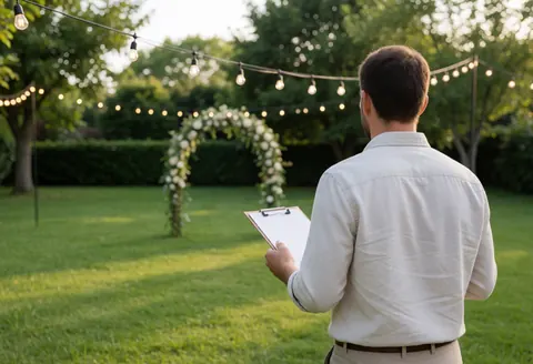 Party coordinator walking in a garden holding a clipboard with a floral arch and hanging lights in the background during sunset