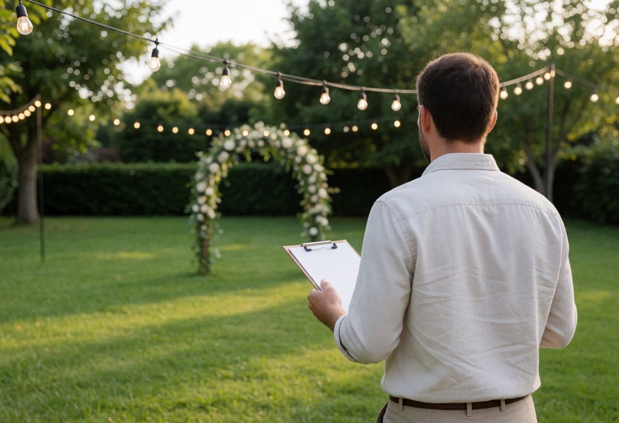Party coordinator walking in a garden holding a clipboard with a floral arch and hanging lights in the background during sunset