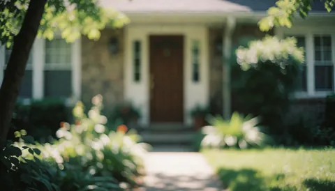 Softly blurred background of a home entrance with a paved path and lush green vegetation, ideal for heating repair service text overlays