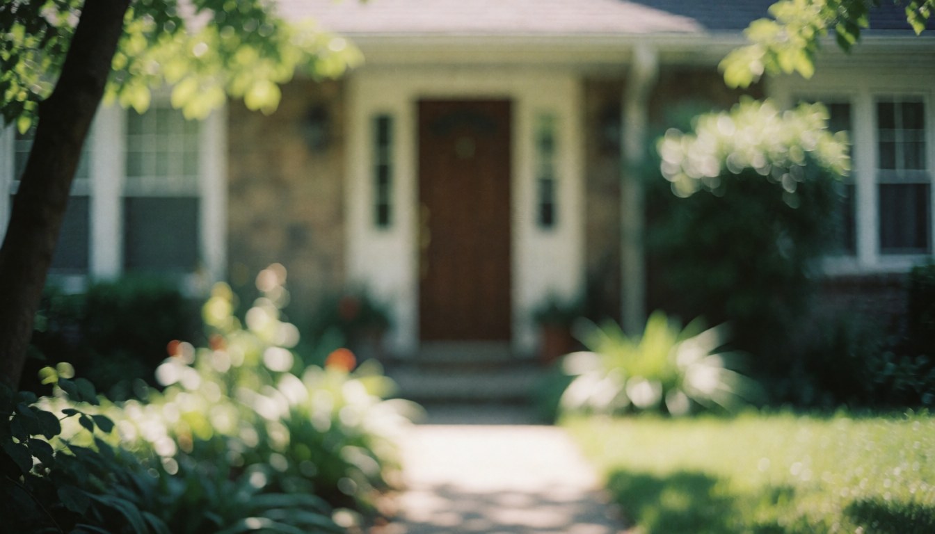 Softly blurred background of a home entrance with a paved path and lush green vegetation, ideal for heating repair service text overlays