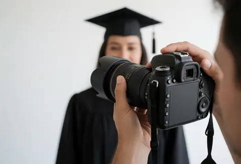 Professional photographer adjusting focus ring on DSLR camera to capture a graduate in academic gown against white background with soft natural light.