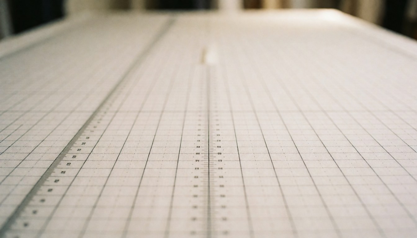 A cutting table with metal sewing rulers on a soft, warm background, ideal for shirt mending service text overlays