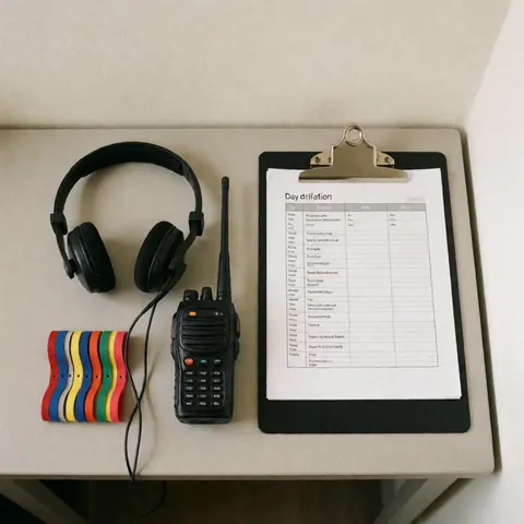 Event coordination kit featuring headsets, walkie-talkies, schedule, and colorful bracelets on a white table
