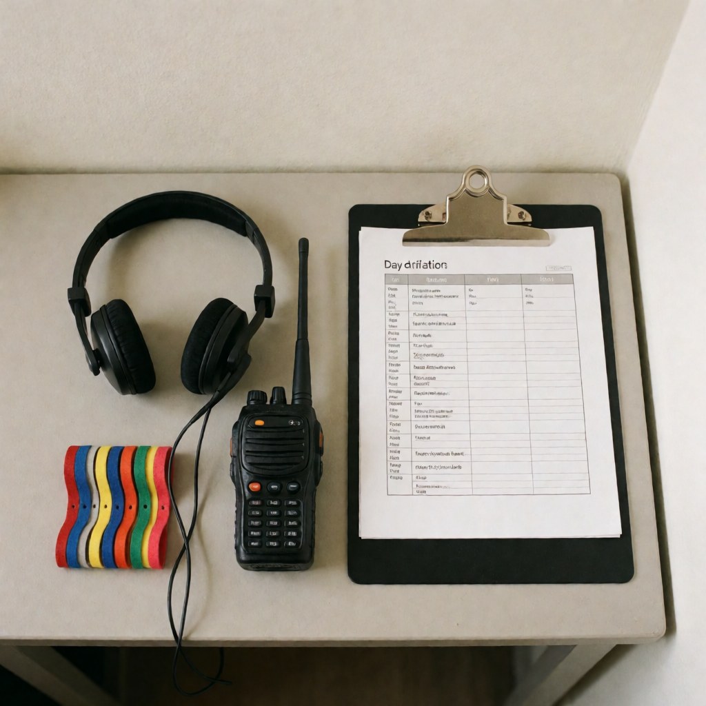 Event coordination kit featuring headsets, walkie-talkies, schedule, and colorful bracelets on a white table