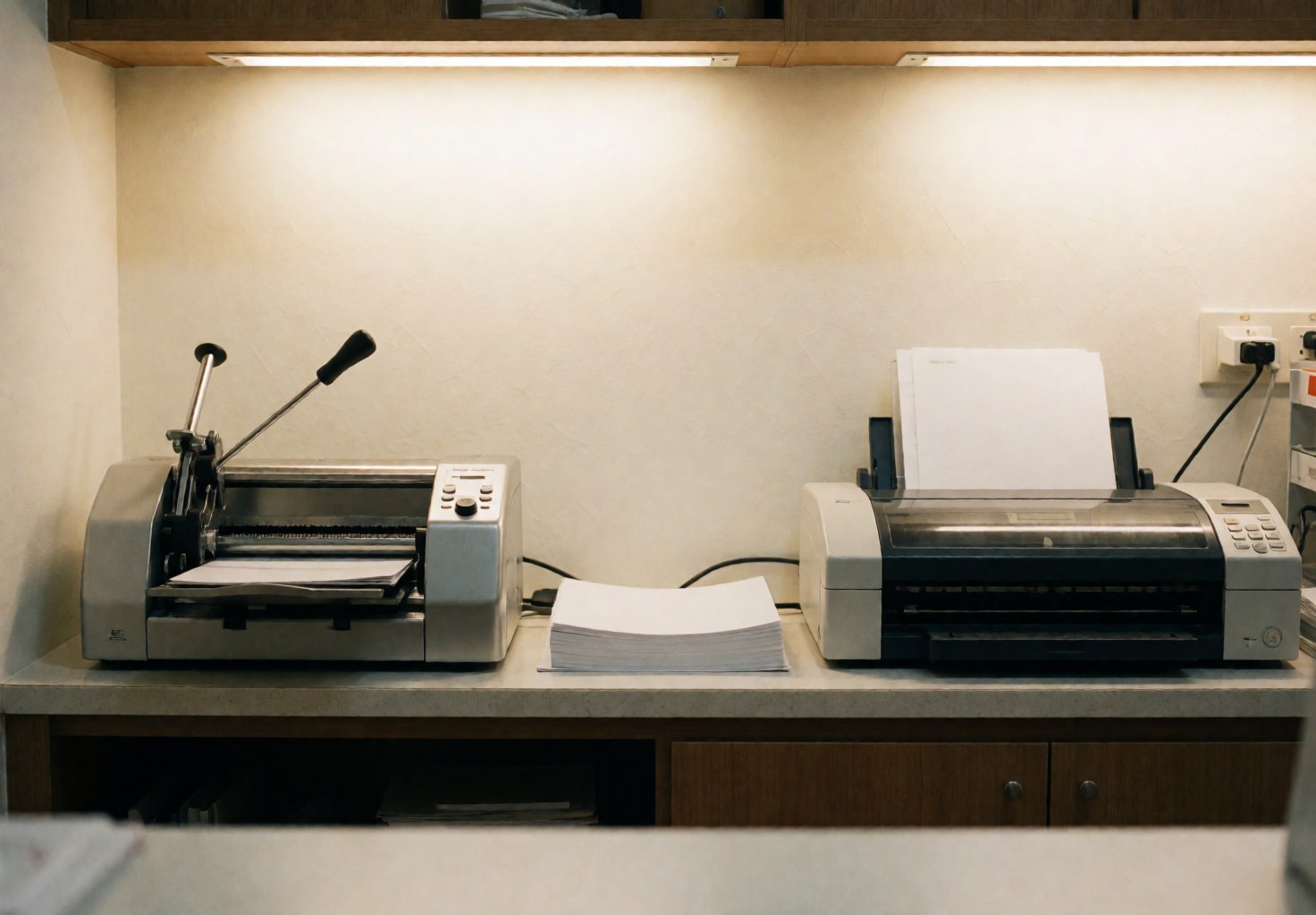 Professional workstation featuring a binding machine and laminator with a stack of white paper, cream walls, and warm lighting for copy shops.