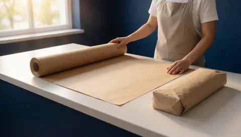 A person wearing an apron unrolls a roll of brown kraft paper on a white table near a window with natural light in a tidy workspace.